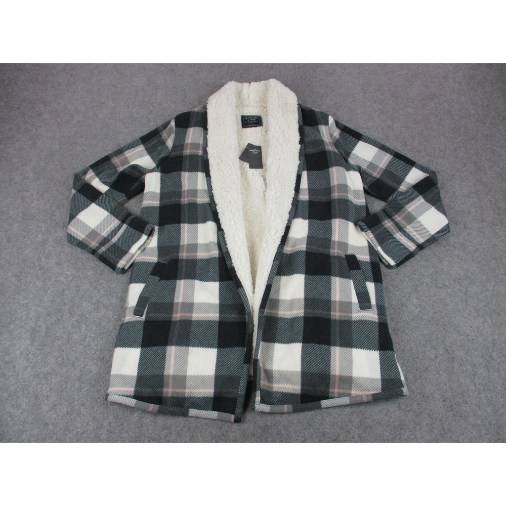 Abercrombie & Fitch Cardigan Sweater Womens Large Black White Plaid Sherpa Open